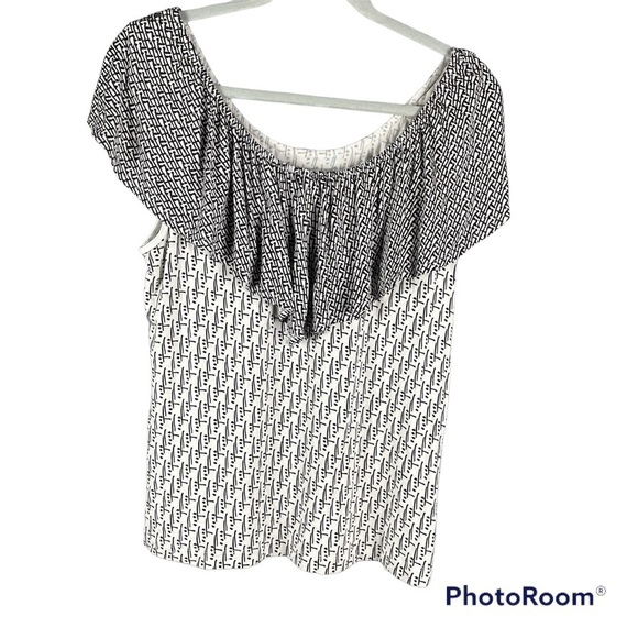 Anthropologie Postage Stamp Off Shoulder Black and White Abstract Print Blouse - Picture 1 of 8